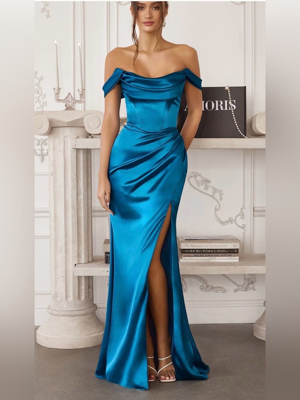 AMORIS Teal Satin Off Shoulder Corset Formal Maxi Gown Dress NWT M